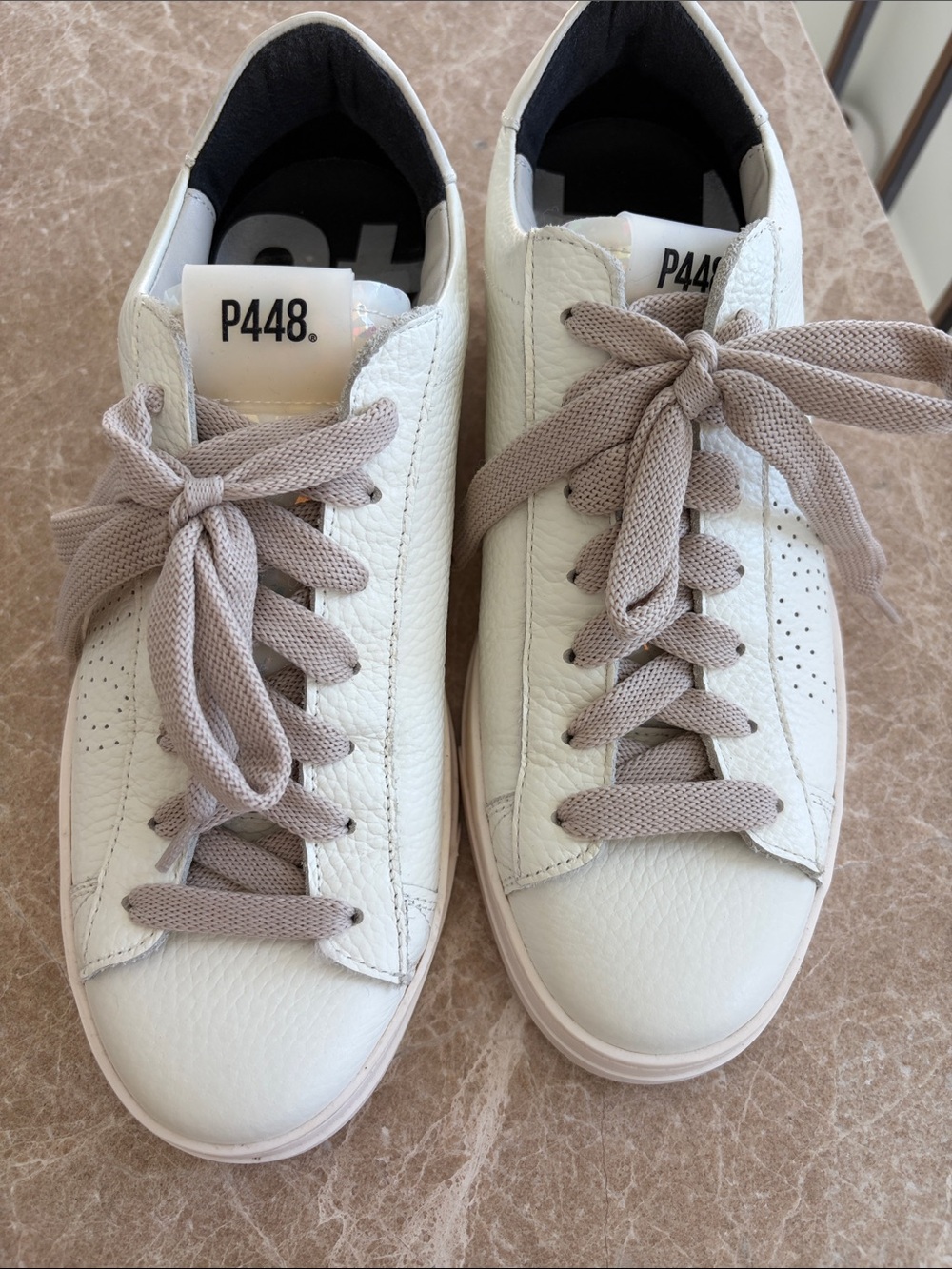 P448 Women's White Leather Sneakers with Taupe Laces